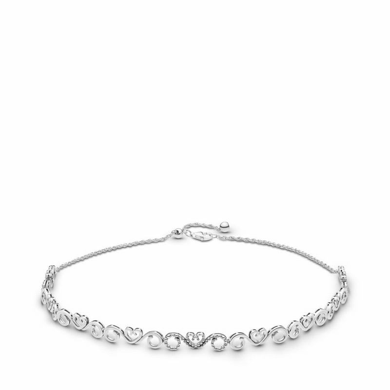 Pandora Heart Swirls Choker Necklace - Sterling Silver/Silicone/Cubic Zirconia - Canada | LC5876CY